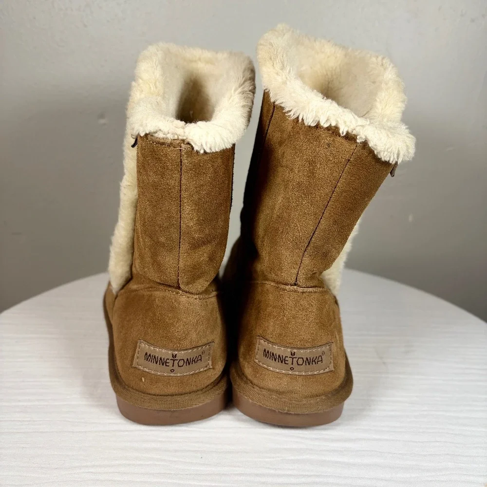 Minnetonka Womens Tan Leather Faux Fur Lined Mid Calf Winter Boots 85711 Size 8
